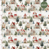 Watercolor Christmas Themed Houses Landscape Patterned Digital Printed Fabric